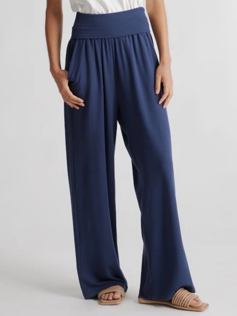 Quince French Terry Modal Wide Leg Foldover Flowy Pants Navy Small